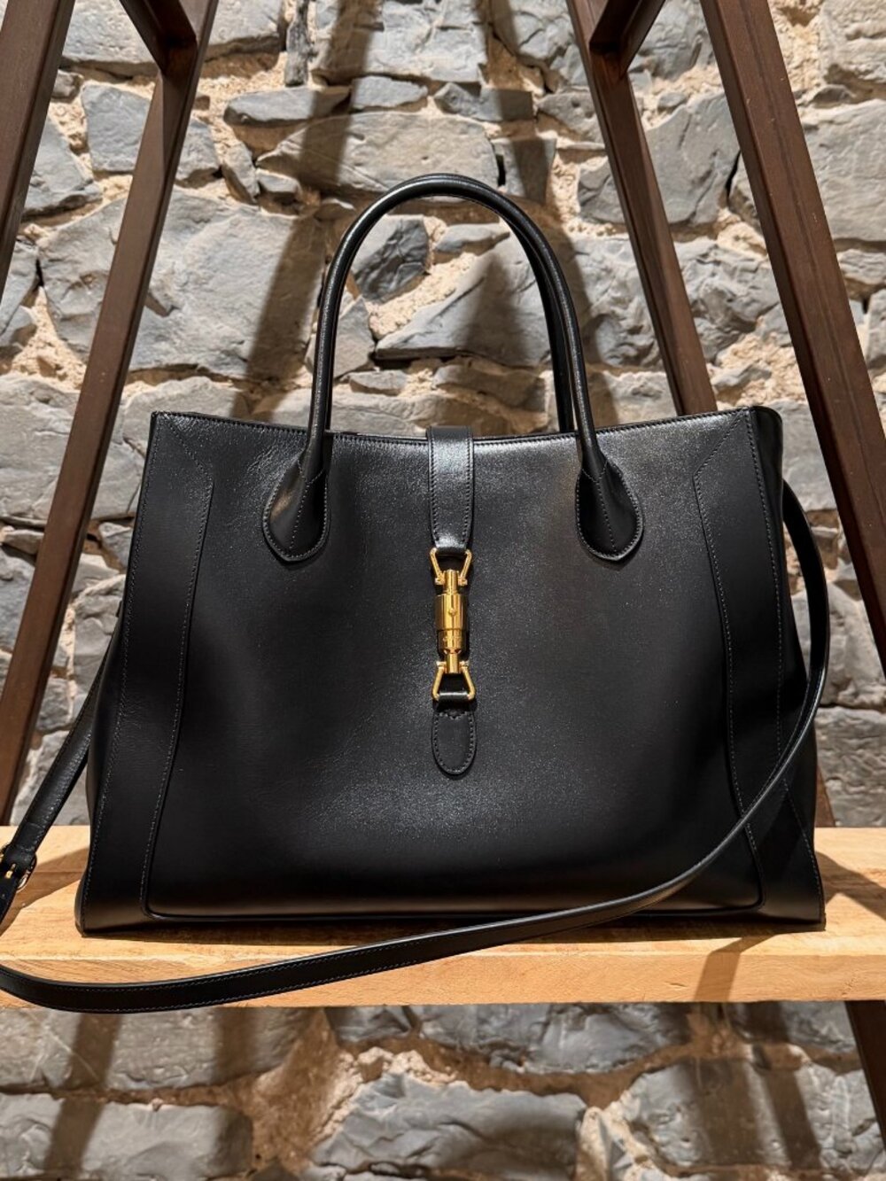 Gucci Black Leather Large Jackie 1961 Piston Tote Bag W/ Strap